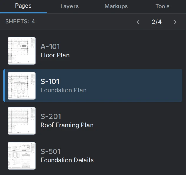 The viewer's Pages panel with four sheets, S-101 Foundation Plan selected