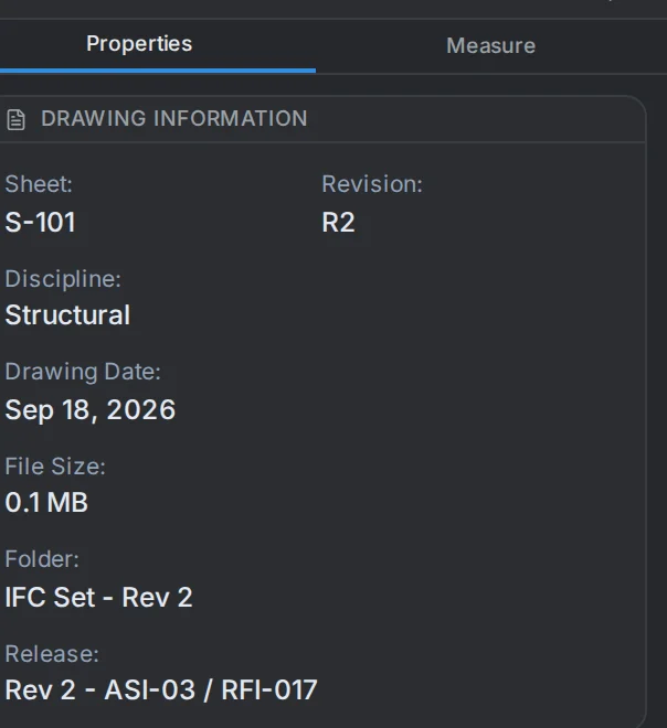The Properties panel for S-101: revision R2, discipline Structural, drawing date, file size, folder IFC Set - Rev 2