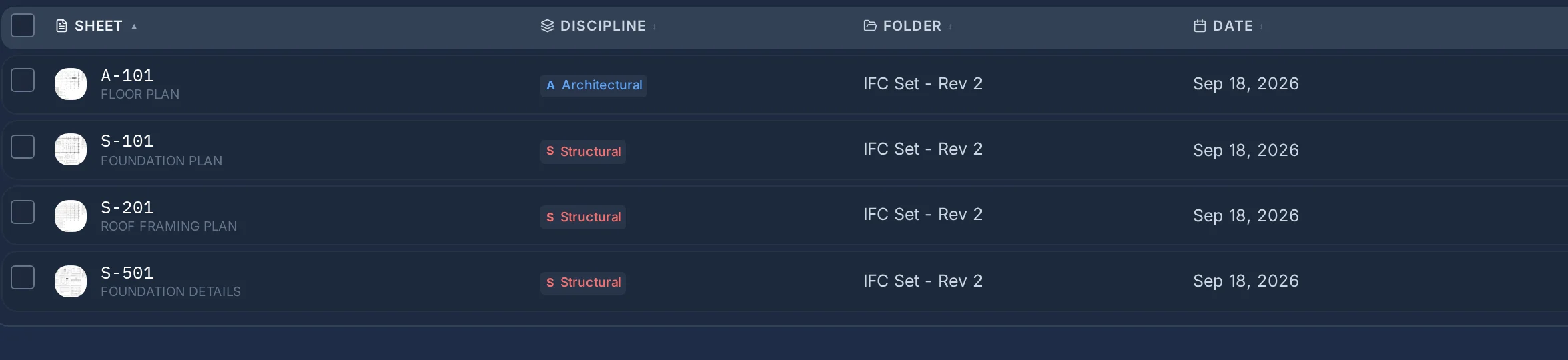 The Sheets tab listing A-101 Floor Plan, S-101 Foundation Plan, S-201 Roof Framing Plan and S-501 Foundation Details, each with its discipline, set IFC Set - Rev 2, and date